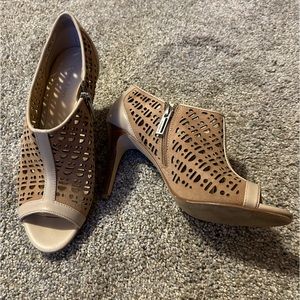 Calvin Klein Kailani suede tan open-toe booties